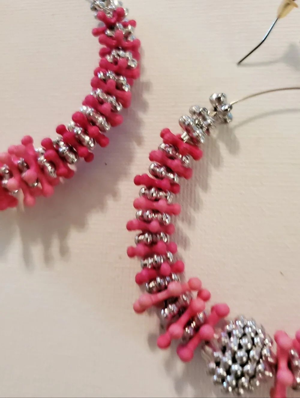 Pink Beaded Hoop Earrings with Silver Accents -‎ Women Jewelry